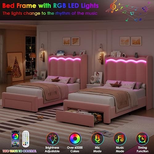 HIFIT Pink Velvet Twin Bed Frame with LED&Charging Station&Storage Drawer | Twin Size Princess Bed for Girls, Camas Twin with Double Wavy Shaped Wingback Headboard, Solid Frame, No Box Spring Needed thumbnail 8