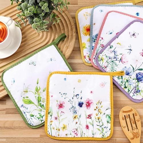 Bencailor 12 Pcs Pot Holders with Pocket Kitchen Hot Potholders Hot Pad Oven Mitts Cookie Bag Oven Gloves for Kitchen Gift Baking Cooking(Watercolor,Floral) thumbnail 2