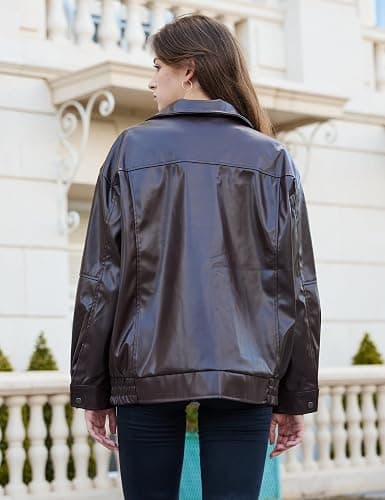 FSVABY Womens Oversized Faux Leather Motocycle Jacket Zip Up Outwear Coat with Pockets thumbnail 3