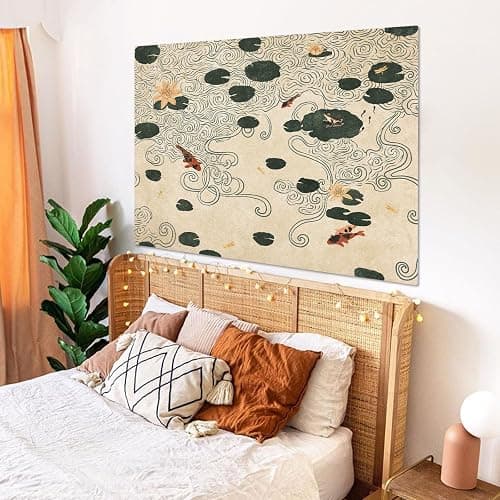 Lifeella Japanese Tapestry, Koi Pond Tapestry, Abstract Lotus Lily Wall Hanging, Zen Nature Aesthetic Art Wall Decor for Bedroom Living Room Dorm, Beige 36x48 inches thumbnail 8
