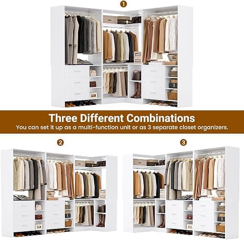 Aheaplus Closet System with 6 Drawers, 4 Hanging Rods & Corner Tower, Corner Closet System with Hanging, 92.6" L-Shaped Walk-In Wardrobe Organizer, 2000+ lbs Capacity, Set of 3, White thumbnail 4