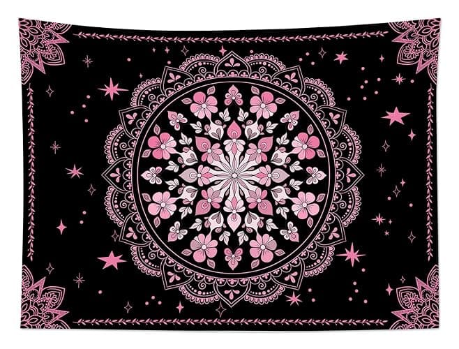 LB Black Floral Boho Tapestry Wall Hanging Pink and Black Bohemian Wall Tapestry Mandala Hippie Flower Wall Art for Bedroom Aesthetic Living Room Dorm Home Wall Decor, 60x40 Inches thumbnail 3