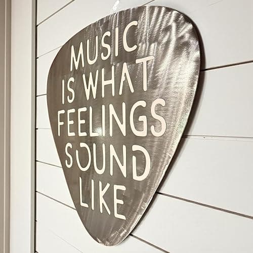 Top Brass Jumbo 16" Metal Guitar Pick Wall Art – “Music Is What Feelings Sound Like” Quote – Steel Wall Décor – Music Room, Studio, or Man Cave Art (Brushed Silver) thumbnail 8