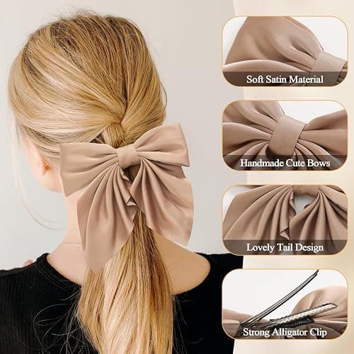 6Pcs Hair Bows for Women, Bow Hair Clips, Silky Satin Hair Bows for Girls, Neutral Colors Hair Ribbon, Cute Bow Clips for Women, Hair Accessories Chirstmas Gifts thumbnail 2