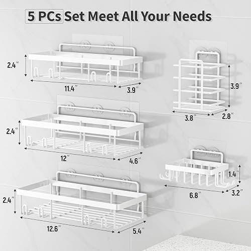 Liuoud 5 Pack Shower Caddy Organizer Rack Shelf for Inside Shower, Self Adhesive Wall Storage Basket Rustproof Stainless Steel Shampoo Holder Bathroom Accessory Decor Set, White thumbnail 2