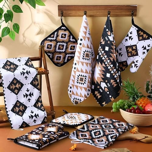 Teenyyou 8 Pcs Western Aztec Kitchen Towels Southwestern Pot Holders and Oven Mitt Set 4 Aztec Dish Towels 2 Rustic Absorbent Square Potholders 2 Heat Resistant Glove for Cooking Baking Home Gifting thumbnail 2