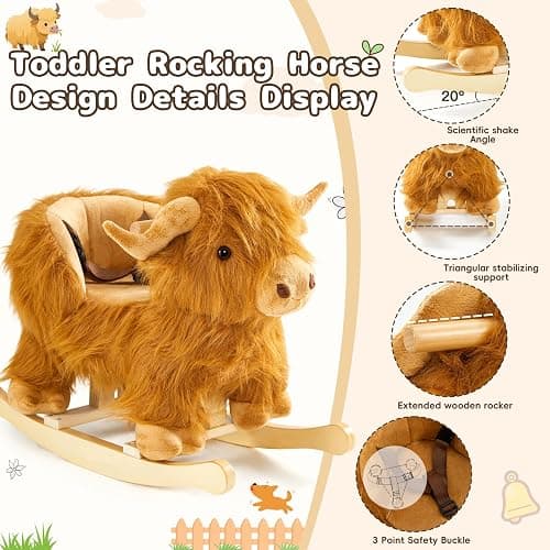 Baby Rocking Horse,Highlander Cattle Wooden Rocking Horse for Toddlers 1 Year Old Cute Cow Stuffed Plush Ride-on Toy Rocking Animal for Baby Boys and Girls Nursery/Child Christmas or Birthday Gift thumbnail 4