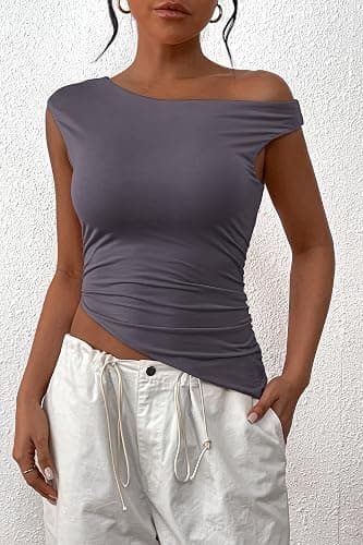 PRETTYGARDEN Womens 2025 Summer Off The Shoulder Crop Tops Sleeveless One Shoulder Ruched Asymmetrical Y2K Going Out Tank Top thumbnail 6