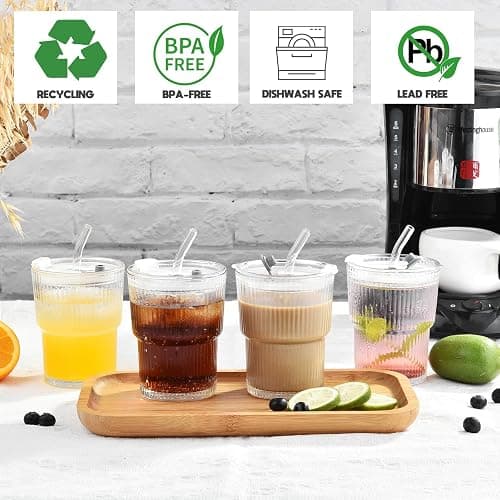 Haundry 14 oz Ribbed Glass cups with Lids and Straws, 2 Pack Iced Coffee Cups, Thickened Glassware Set, Ripple Design Glass Cups for Coffee, Soda, Smoothies, Cocktails and Juice thumbnail 8