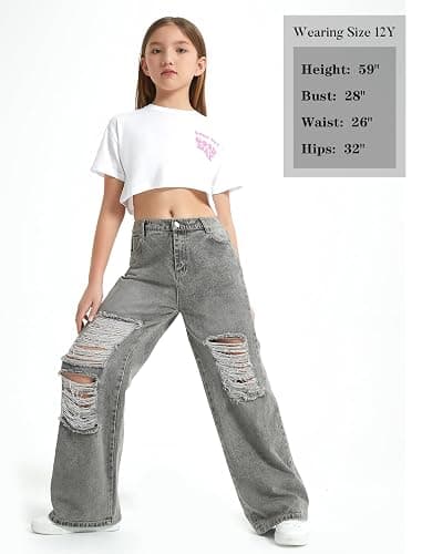 EXARUS Girls Jeans Wide Leg Pants Baggy Denim Ripped High Waisted with Pockets Teen Casual 6-14Y thumbnail 6