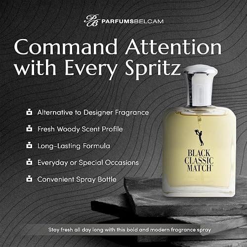PB ParfumsBelcam Black Classic Match Eau De Toilette Spray for Men – 2.5 Fl. Oz Affordable, Long-Lasting Fresh Woody Fragrance with Leafy Green, Citrus, Sandalwood & Patchouli for Day & Night Use thumbnail 3
