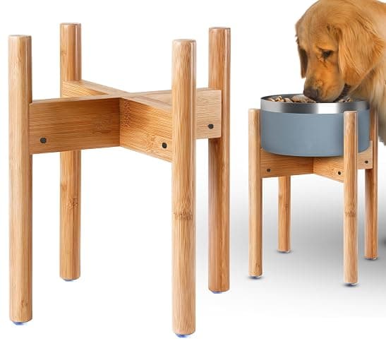 Dog Bowl Stand for Large Breed - 14-inch High, Adjustable Sideways to Fit Various Sizes of Pet Food/Water Bowls, Slow Feeders, and Drink Fountains - Bamboo - Image 1