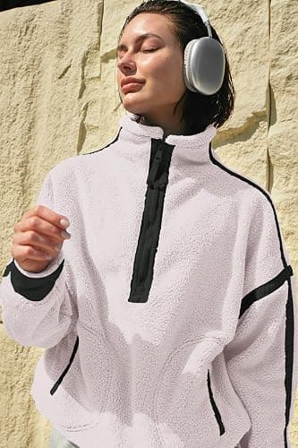 Panadila Womens Half Zip Sherpa Fleece Pullover Soft Oversized Sweatshirt with Pockets Warm Fuzzy Sweater thumbnail 6
