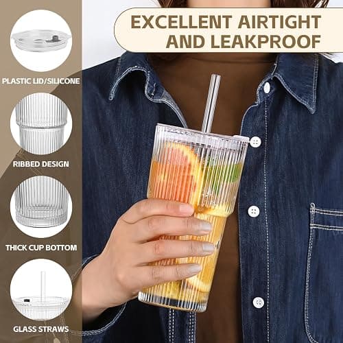 AFINSEA 20OZ Glass Tumbler with Straw and Lid,Glass Cups with Lids and Straws,Ribbed Iced Coffee Cups Vintage Glassware for Juice Whiskey Cocktail Beer thumbnail 5