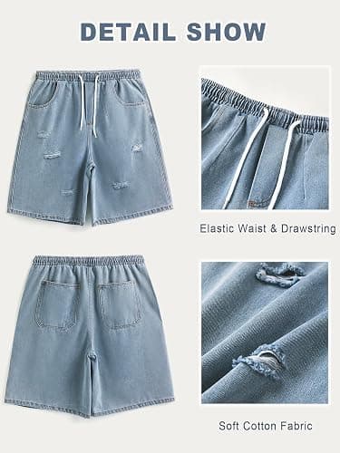 EMMIOL Baggy Jean Shorts Men, Y2k Jorts Cargo Ripped Elastic Waist, Mens Denim Shorts Comfy Casual Streetwear Summer thumbnail 5