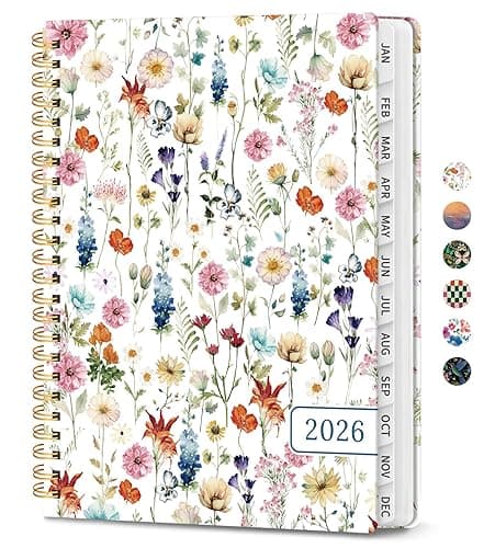 2026 Planner, Weekly and Monthly Calendar Planner for Women, Jan 2026 - Dec 2026, Hardcover Planning Agenda book with Tabs, Spiral Bound, Inner Pocket, Perfect for School Office Supplies, 6.3" x 8.5" - Wildflowers