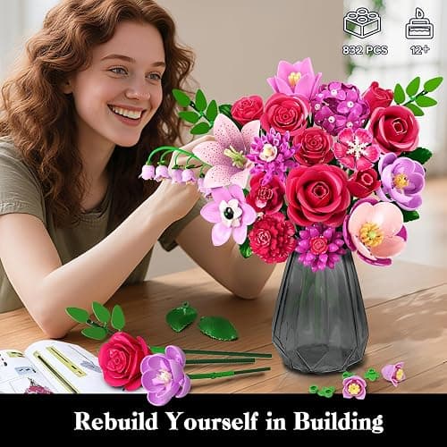CUBIMANA Flowers Bouquet Building Set with Light - 21 Rose Red Botanical Collection Building Block Set for Adults, 832 PCS Flower Plant Kit for Home Decor, for Her Women Girls Kids 12+ thumbnail 4