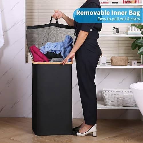efluky 100L Laundry Basket with Lid and Net Bag, Tall Laundry Hamper with Bamboo Handles, Aesthetic Dirty Clothes Bin for Laundry Room, Bathroom, Bedroom and Dorm, Black thumbnail 4