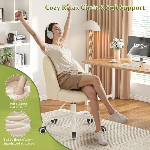 DurayLoly Vanity Chair with Back, Cute Desk Chair with Wheels, Armless Office Chair Height Adjustable, Soft Lumbar Support for Small Space, Bedroom, Light Yellow thumbnail 5