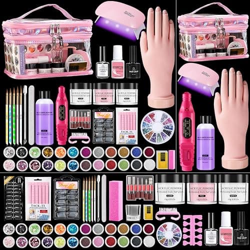 Nail Kit for Beginners with Everything: Practice Nail Hand Acrylic Set Professional Powder Liquid Starter Kits with Drill U/V Lamp in Cosmetic Gift Bag for Salon Home (Pink) - Image 1