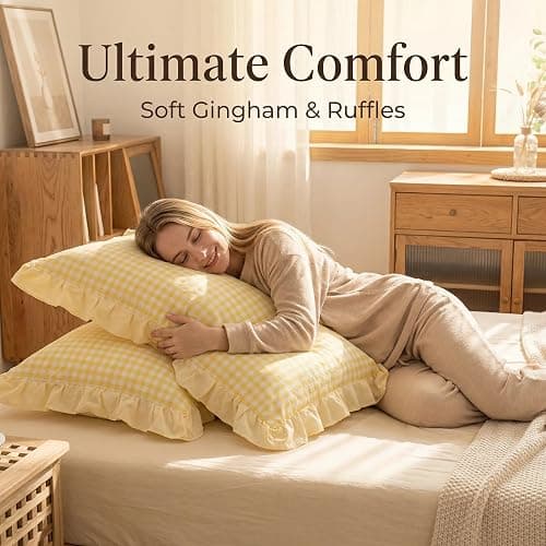 MODASER Yellow Gingham Pillow Cases Set of 2 - Ruffled Farmhouse Shams Covers, Soft Cute Aesthetic Room Decor (Standard) thumbnail 5