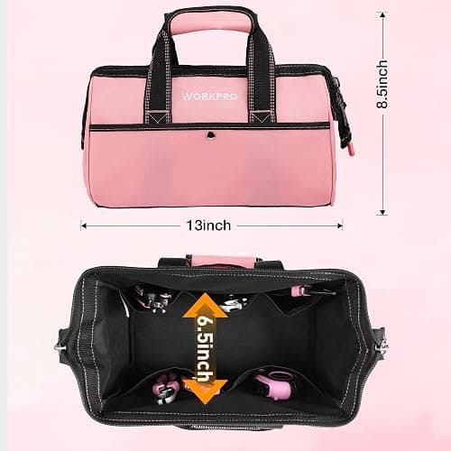 WORKPRO 13-Inch Tool Bag, Pink Soft Cloth Tool Storage Bags, Wide Mouth Tool Tote Bag with Inside Pockets - Pink Ribbon thumbnail 2