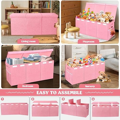 Extra Large Toy Box with Lids, Collapsible Storage Bin, 38"x16"x14", Pink thumbnail 7