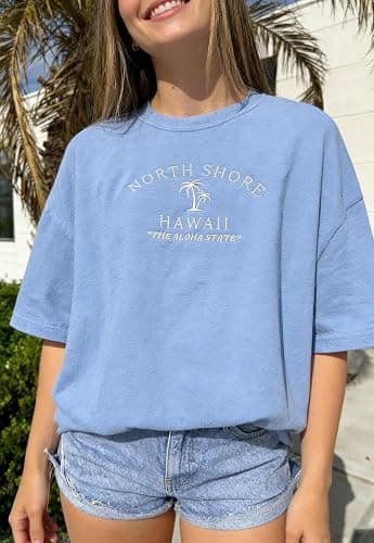 Womens Oversized Vintage Flower T-Shirts Preppy Western Graphic Tees Tops Y2k Ocean Coastal Summer Beachy T Shirts thumbnail 2