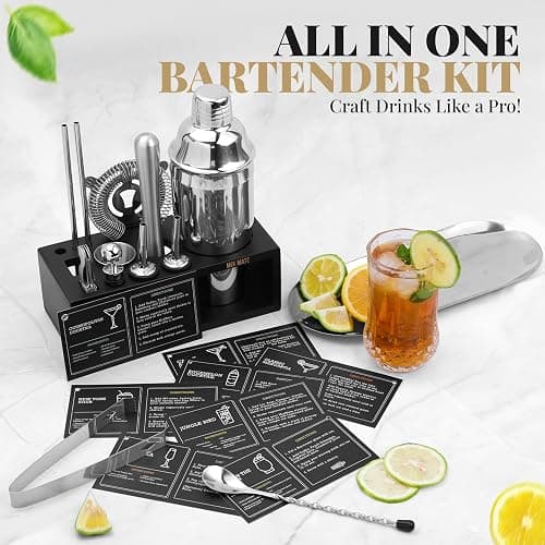 Mixology Bartender Kit with Stand | 15 Piece Bar Tool Set, Silver Bar Set Cocktail Shaker Set for Drink Mixing - Includes Martini Shaker, Jigger, Strainer, Bar Mixer Spoon, Tongs | Gift Idea (Silver) thumbnail 4