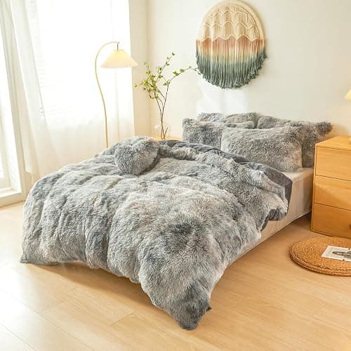 Besfunny Plush Fluffy Tie Dye Dark Gray Comforter Cover Queen Set – Faux Fur Plush Tie Dye Dark Gray Bedding 3-Piece Set (1 Duvet Cover + 2 Furry Pillow Shams) Cozy Bed Set thumbnail 2