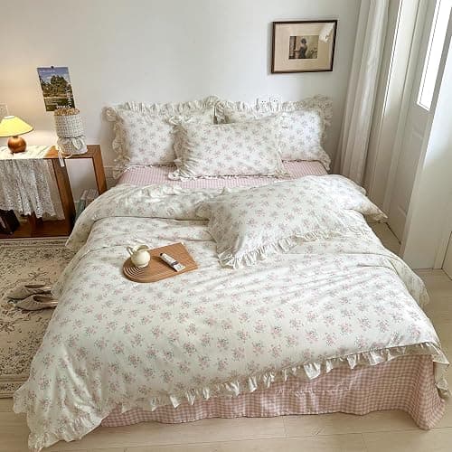 MKXI Queen Size Pink Floral Comforter Set - 3 Piece Ruffled Lace Bedding Set 1 Queen Comforter with 2 Pillowcases All Seasons, Soft Aesthetic Princess Style Floral Comforter for Girls, Women thumbnail 4