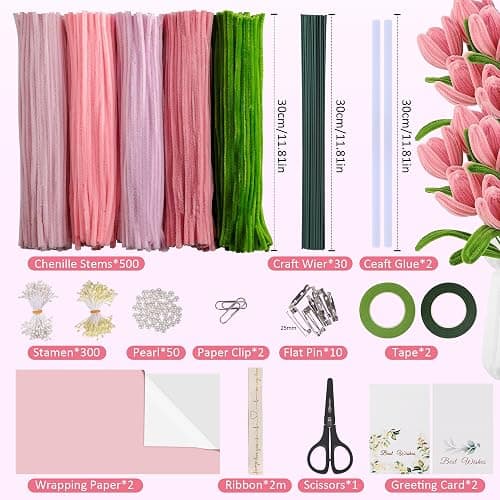 EARLY MINDS 500 Pcs Pipe Cleaners Craft Kit for Flower Making, Complete DIY Flower Craft Set with Chenille Stems, Craft Wire, Stamen, Tape, Ribbon & More, Perfect for Arts, Gifts & Decorations thumbnail 2