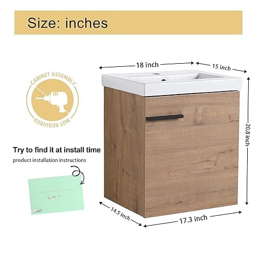 Malwee 18" Floating Bathroom Vanity with Sink, 18 Inch Single Sink Wall Mounted Bathroom Vanity, with 1 Door and White Ceramic Basin top, Modern Bath Wall-hung Storage Cabinet for Small Space(017-18) thumbnail 3