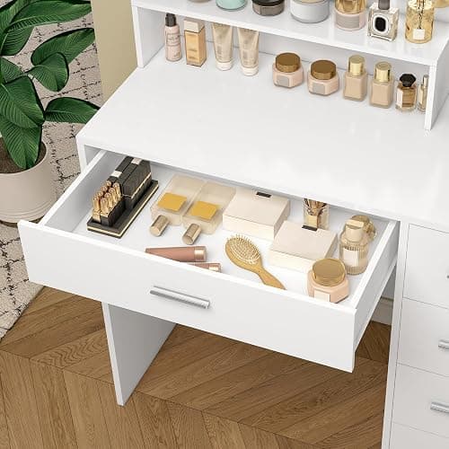Quimoo Makeup Vanity Desk with LIighted Mirror, Vanity Desk with 5 Drawers & Storage Shelves, Vanity Table, 3 Color Modes & Adjustable Brightness Dressing Table, Bedroom thumbnail 6
