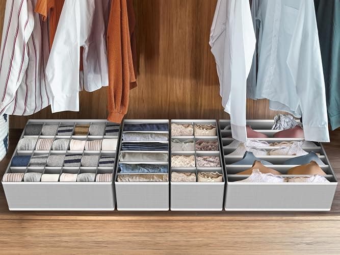 Simple Houseware 4-Pack Drawer Organizer Set - Closet Dividers for Underwear, Socks, Bras, Scarves, Ties - Foldable Non-Woven Storage Boxes, Gray thumbnail 2