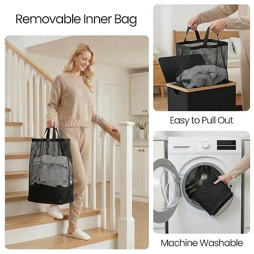 efluky Slim Laundry Basket with Lid, Narrow Laundry Hamper with Removable Bag, Skinny Dirty Clothes Basket with Bamboo Handles for Bathroom, Bedroom & Laundry Room, 75L Black thumbnail 4