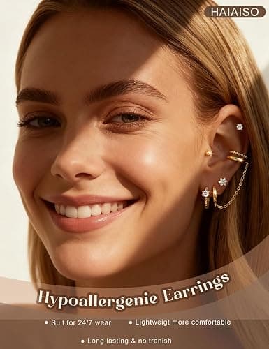 HAIAISO Small 14K Gold Plated Huggie Hoop Earrings for Women Lightweight Double Piercing Chain Earrings Dainty Stud Earrings Hypoallergenic 14K Gold Plated Hoop Earrings Set thumbnail 2