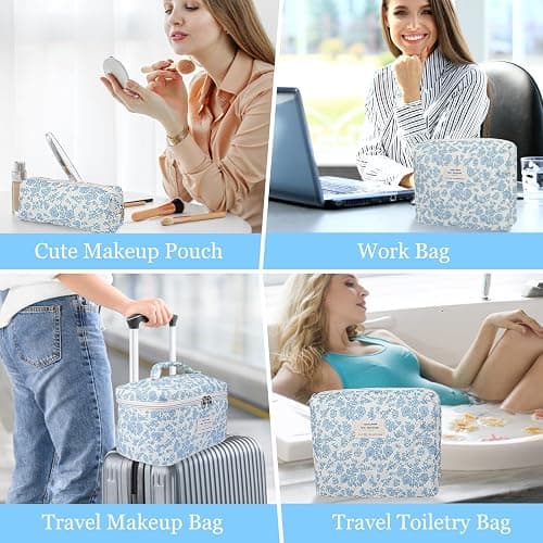 Makeup Bag, Large Quilted Cosmetic Bag, Big Floral Make Up Bag for Women Girls, Cute Cotton Makeup Bag Set, Flower Travel Toiletry Organizer Bag (Blue Flower) thumbnail 6
