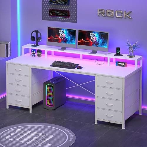 YOMILUVE 60 Inch Computer Desk with 8 Fabric Drawers, Gaming Desk with LED Lights & Power Outlets, Home Office Desk with Monitor Stand, White thumbnail 9