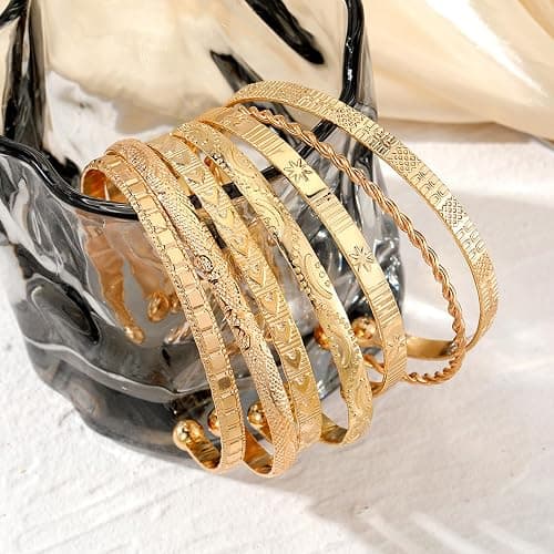 IFKM Gold Bangles Bracelets for Women Girls 14k Gold Plated Multi Layer Stackable Cuff Bracelet Set thumbnail 4