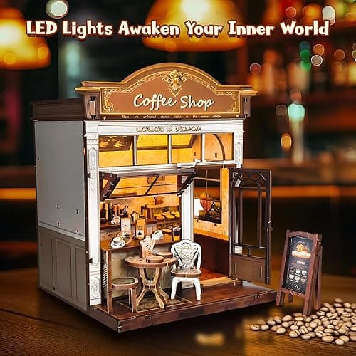 DIY Miniature House Kit, Coffee Shop Book Nook Kit, Mini Building Kit, Dollhouse Kit for Adults and Teens, 3D Wooden Puzzles with LED Light, Craft Kit for Family and Friends(Retro Coffee Shop) thumbnail 7