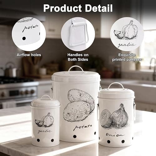 EQEY Kitchen Potato and Onion Storage Bin,Metal Vegetable Storage Bins Set of 3 with Aerating Holes and Lids,Farmhouse Canisters Sets for the Kitchen Countertop (1, Circular) thumbnail 4