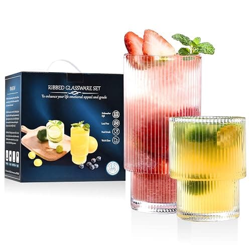 ISMASOAN Ribbed Glassware Set of 12, Glass Cups 12 oz and 7 oz, Fluted Glassware, Stackable Glasses, Cups for Kitchen, Gift Box Set - Stackable Ribbed Surface - Image 1