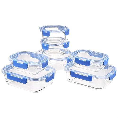 Amazon Basics Glass Food Storage Containers, Leak Proof, Oven Safe, Easy to Clean, Stain Resistant, Set of 7, 14 Pieces Including Lids, BPA-Free, Clear with Blue Silicone Ring - Image 1