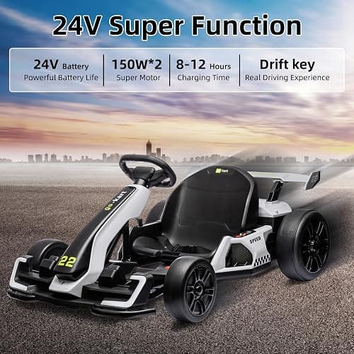 Go Karts for Kids,24V Electric Go Kart With 2 * 150W Powerful Motors,8mph Max Speed,Max Load 110lbs,W/Button Start,Lights,Safety Belt, Music Age 6-12-WHITE thumbnail 5