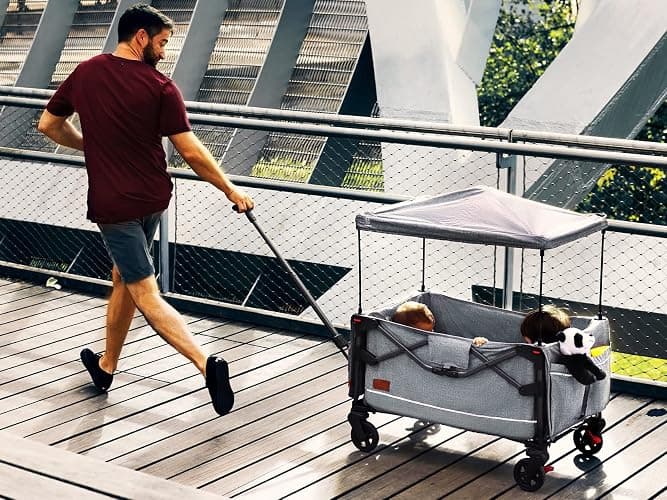 EVER ADVANCED Lightweight Foldable Travel Wagon Stroller for 2 Kids - Carry-on Airplane Size with Travel Bag - All-Terrain Wheels, 5-Point Harness - Portable Kids & Cargo Wagon for Zoo & Park thumbnail 2