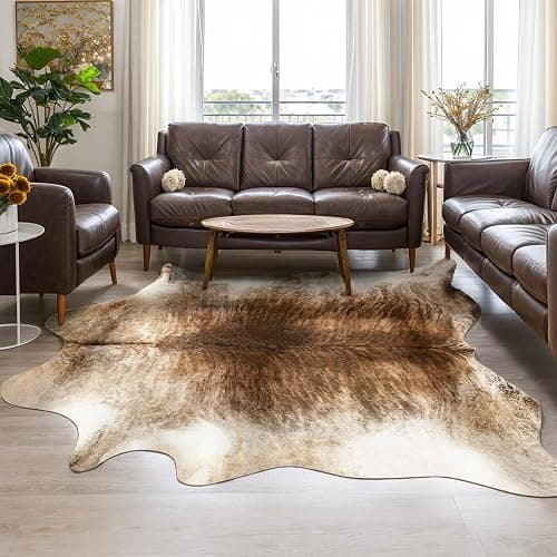 AROGAN Western Decor Faux Fur Cowhide Rug, 6.2 x 5.2 Feet Premium Animal Skin Cow Hide Rug, Durable Cow Print Rugs for Wall Decor, Western Floor Carpet for Bedroom Living Room, Brownish - Image 1