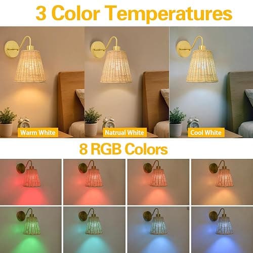 Rattan Battery Operated Wall Sconces set of Two,Rechargeable Wall Sconces with 5000mAh Dimmable Bulb and Remote,LED 12 Colors Boho Wall Lighting with Remort for Bedroom Living Room Hallway Wall Decor thumbnail 4