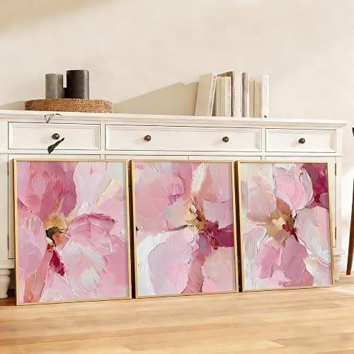 3Pcs Abstract Blush Pink Flower Canvas Wall Art, Textured Thick Paint Modern Floral Bloom Oil Painting Poster Print, Wall Decor Artwork for Bedroom Living Room Dining Room Home Decoration【Unframed】 thumbnail 5
