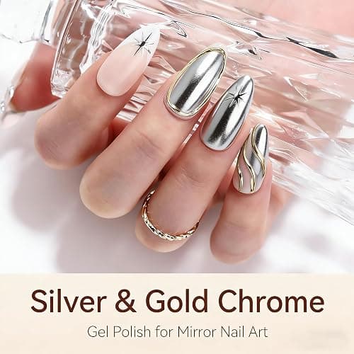 Makartt Chrome Gel Nail Polish Set: Metallic Gel Nail Polish, Silver and Gold 3D Metal Painting Gel for Nail Art Soak off UV/LED Glossy Mirror Effect Nail Gel for Home Salon DIY Manicure（2pcs） thumbnail 2